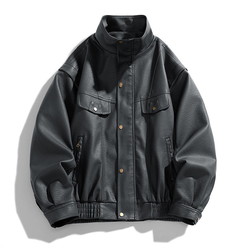 Men's Leather Bomber Jacket with Oversized Fit and Chest Pockets