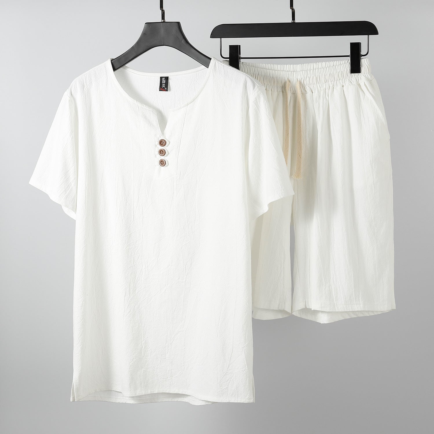 Men's Cotton Open-Neck Tee and Drawstring Shorts Set