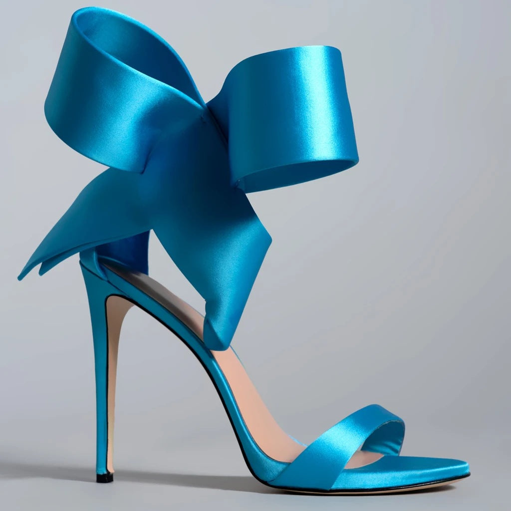 Women's Satin Stiletto Heels with Oversized Bow and Adjustable Ankle