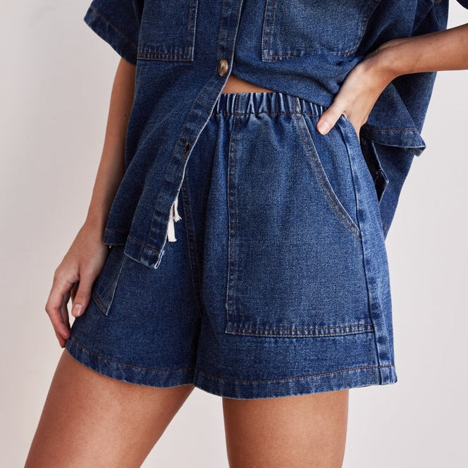 Women's Soft-Washed Denim Shirt and Shorts Set
