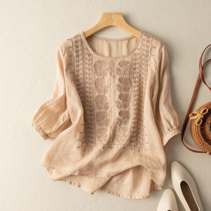 Women's Linen Shirt with Knitted Floral Detailing and Flowy Fit