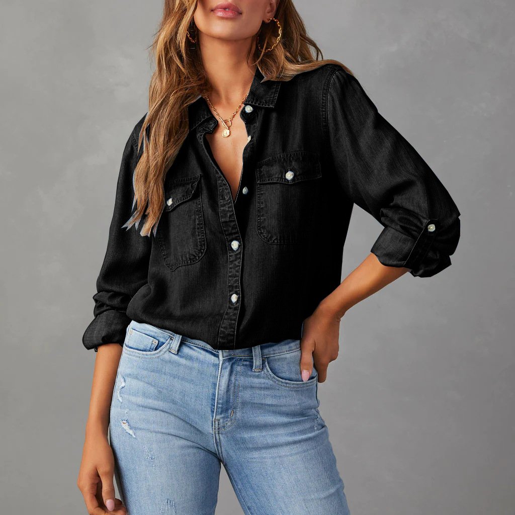 Women Denim Shirt with Double Chest Pocket and Button-Up Front