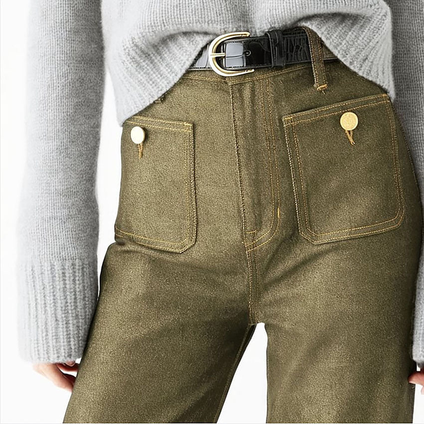 Women High-Rise Flare Jeans with Front-Button Pockets