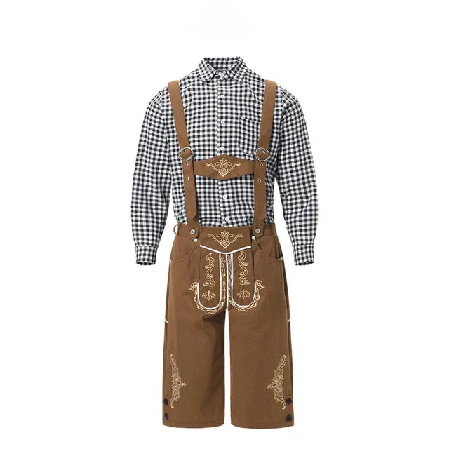 Stylish men's leather pants set with elegant embroidery and checkered shirt ā perfect for special occasions