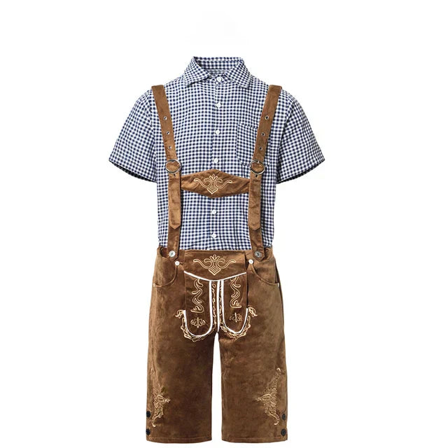 Stylish men's leather pants set with elegant embroidery and checkered shirt ā perfect for special occasions