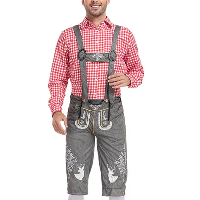 Stylish men's leather pants set with elegant embroidery and checkered shirt ā perfect for special occasions