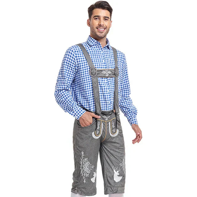 Stylish men's leather pants set with elegant embroidery and checkered shirt ā perfect for special occasions