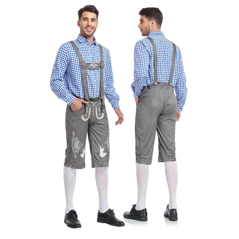 Stylish men's leather pants set with elegant embroidery and checkered shirt ā perfect for special occasions