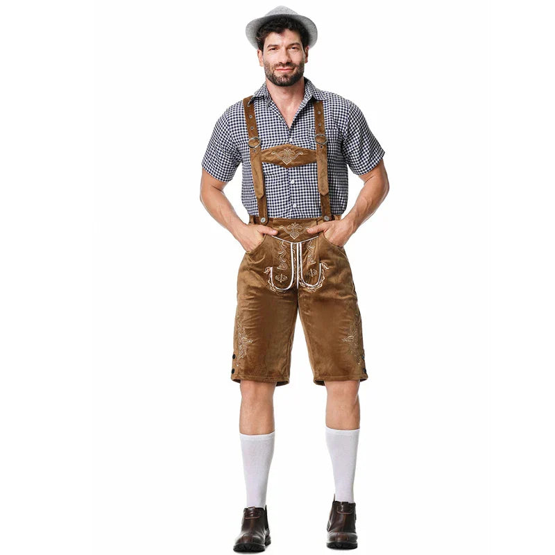Stylish men's leather pants set with elegant embroidery and checkered shirt ā perfect for special occasions