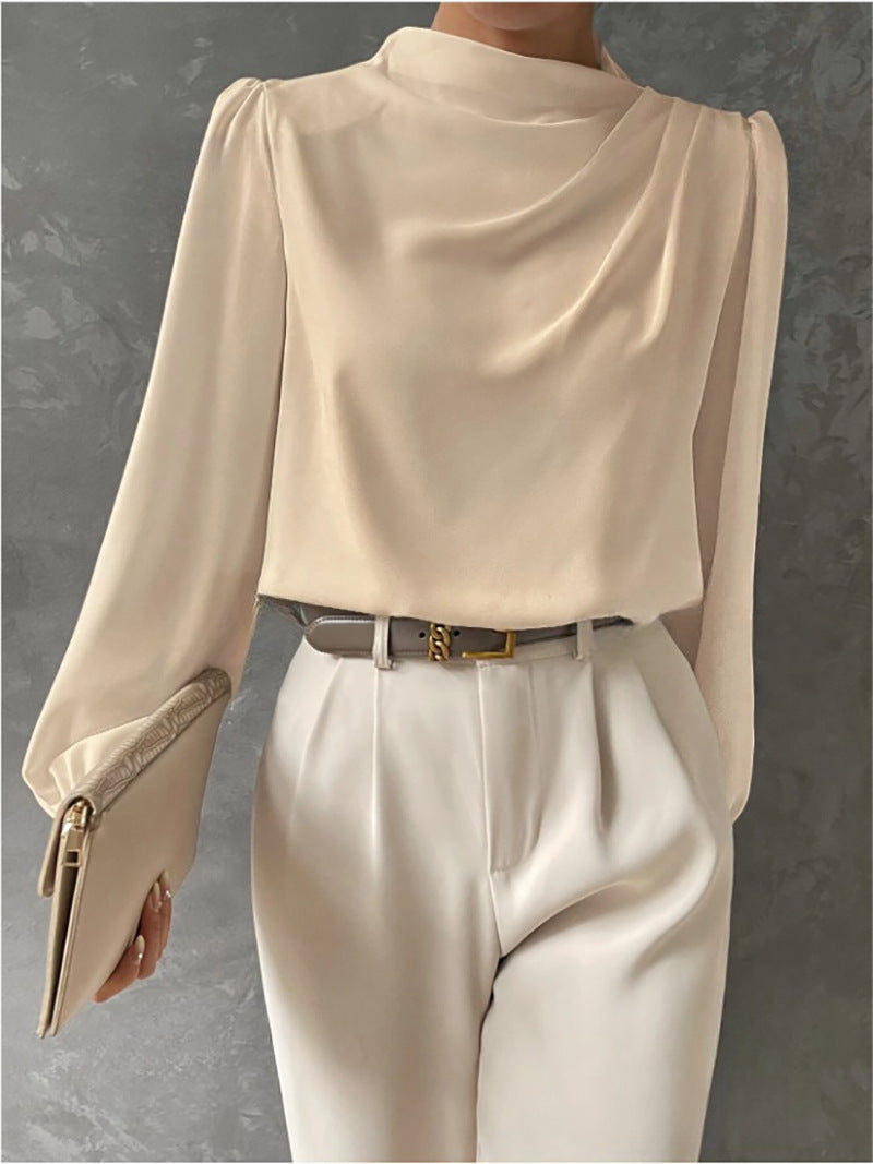 Women Draped Pleated Top with V-Neck and Cuffed Sleeves