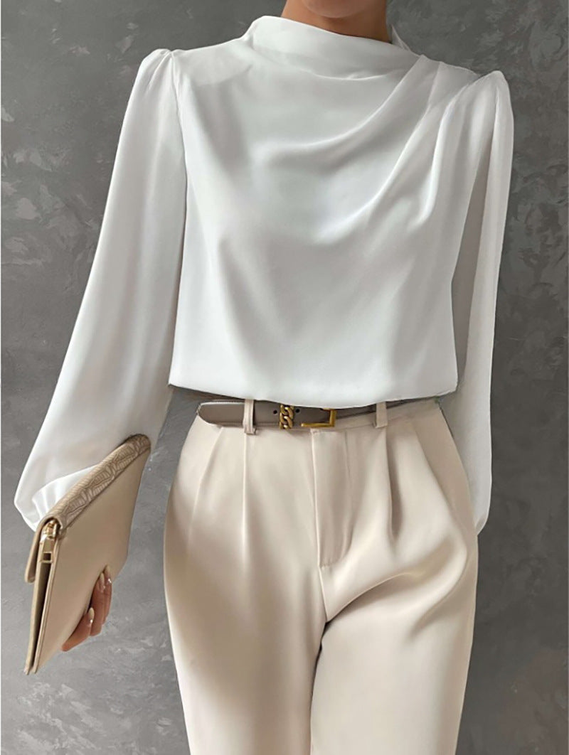 Women Draped Pleated Top with V-Neck and Cuffed Sleeves
