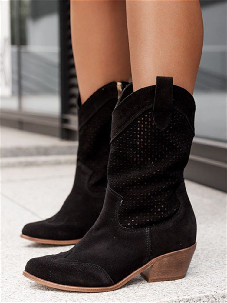 Women's Perforated Western Ankle Boots with Block Heel
