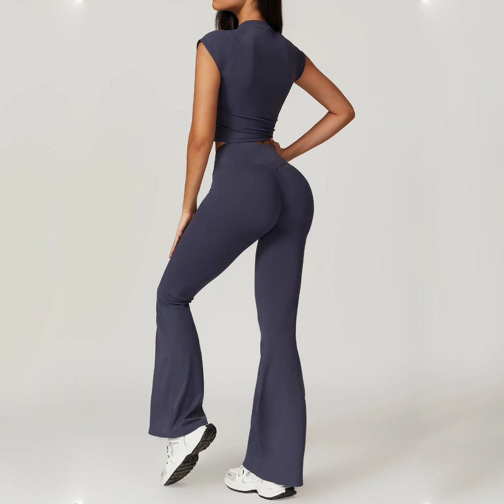 Women's Cutout Crop Top and High-Waisted Flare Pants Activewear Set