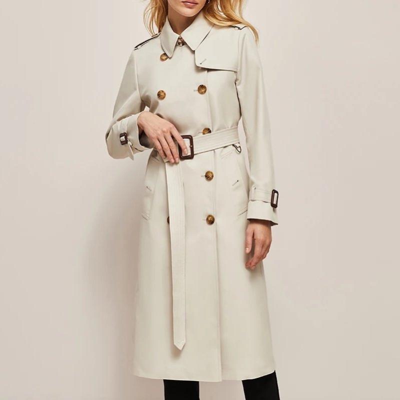 Women's Fall Trench Coat with Adjustable Belt and Walnut Buttons