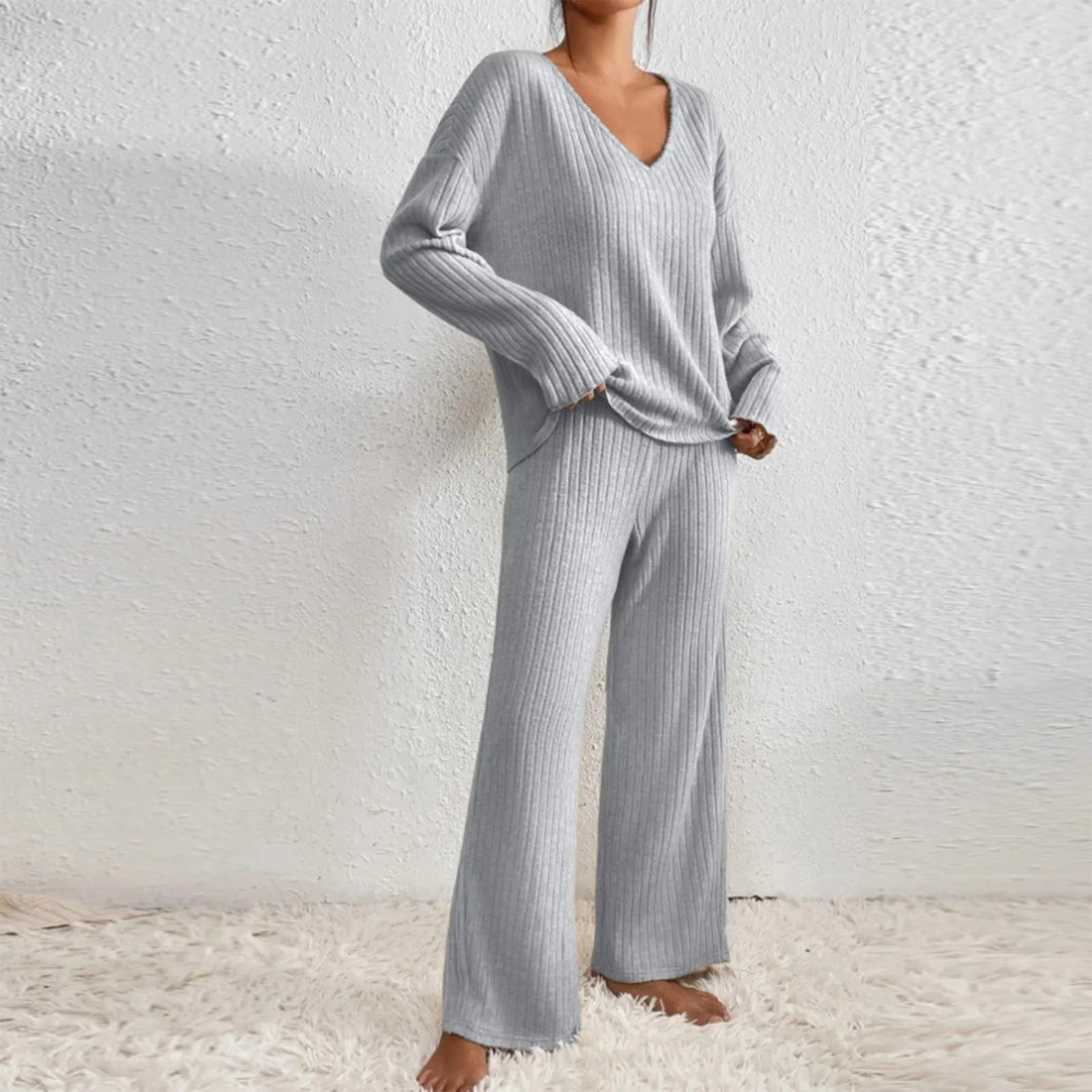 Women's Ribbed V-Neck Sweater and Pants Lounge Set
