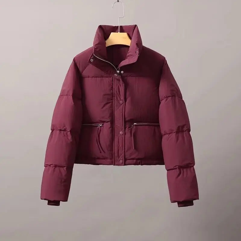 Women's Winter Cropped Puffer Jacket with Zipper Pockets