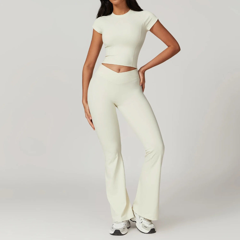Women's Cutout Crop Top and High-Waisted Flare Pants Activewear Set