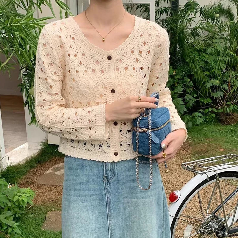 Women Cropped Eyelet Knit Cardigan with Button Front