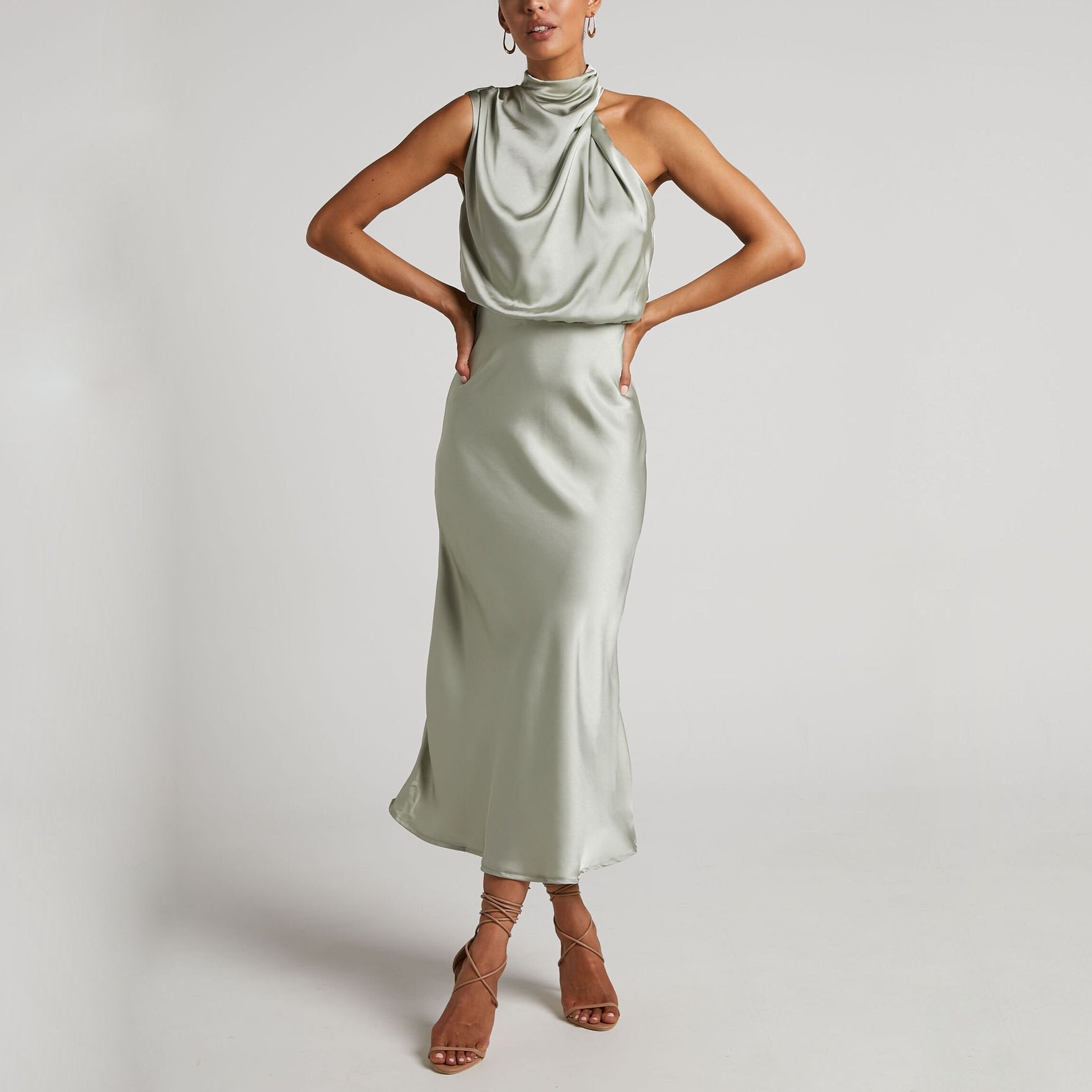 Women Satin Halter Neck Ankle-Length Dress