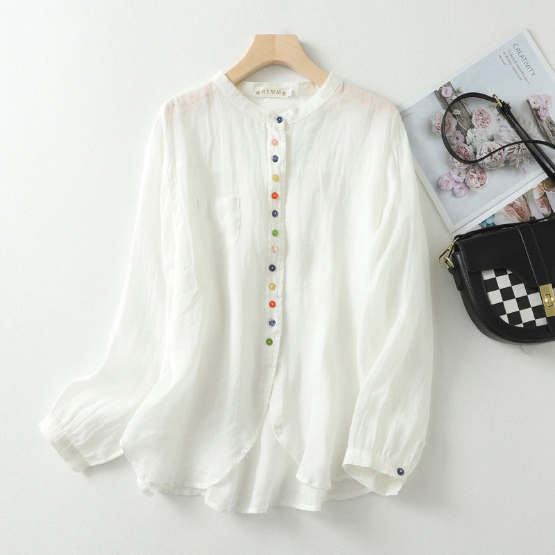 Women's Linen Shirt with Gossamer Weave and Rainbow Buttons