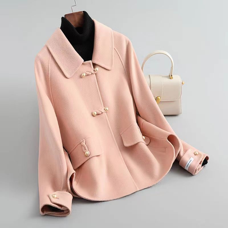 Women's Winter Wool Blend Coat with Pearl Accent Buttons and Laydown Collar
