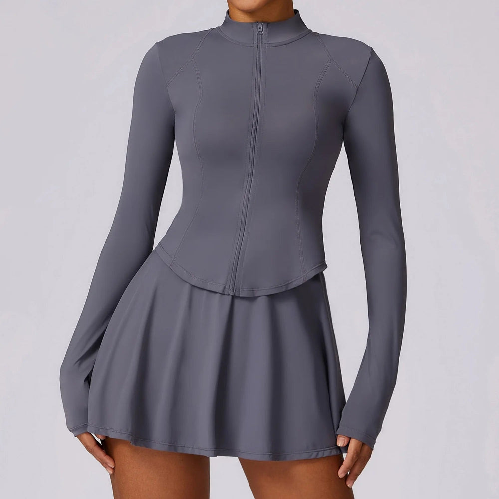 Women's 4-Way Stretch Active Set with Zippered Jacket and Flowy Skirt