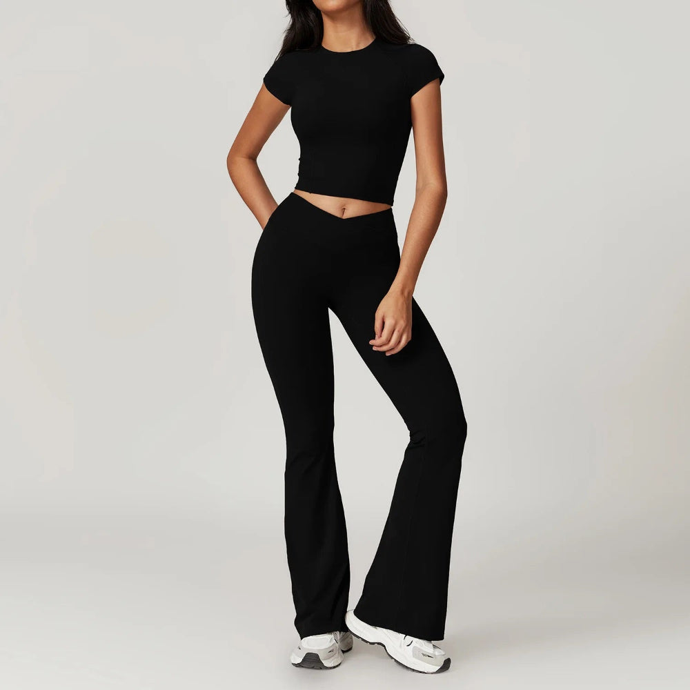 Women's Cutout Crop Top and High-Waisted Flare Pants Activewear Set