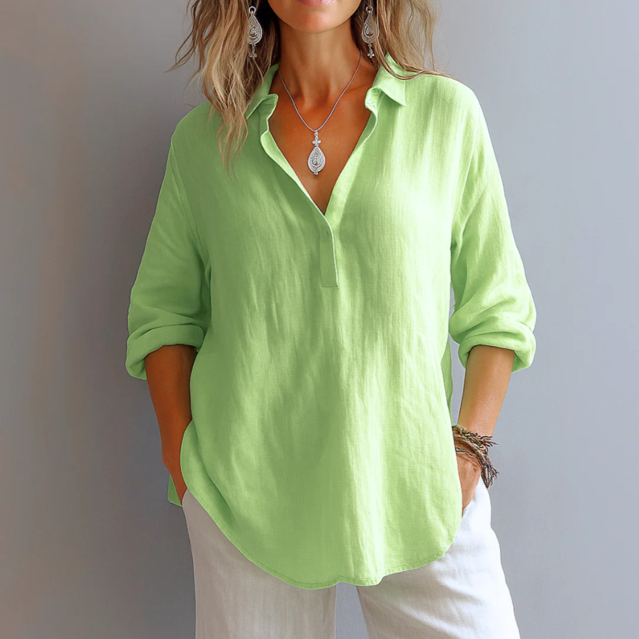 Women's Linen Blouse with Half-Button Front and Relaxed Drape