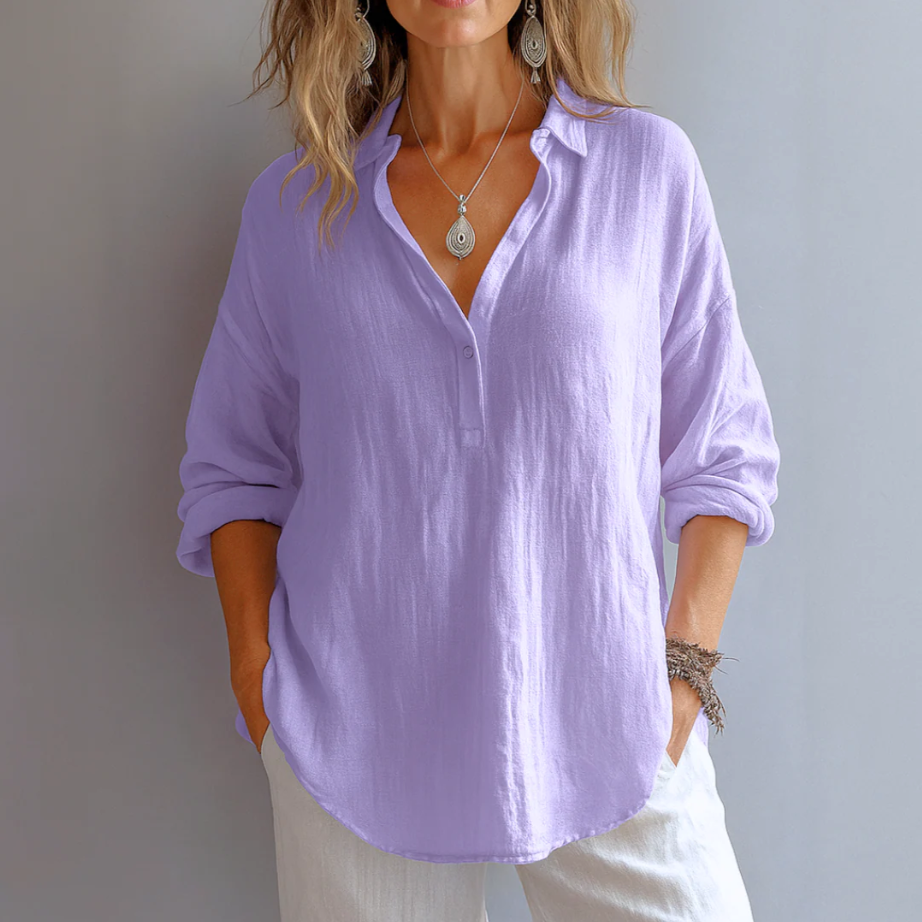 Women's Linen Blouse with Half-Button Front and Relaxed Drape