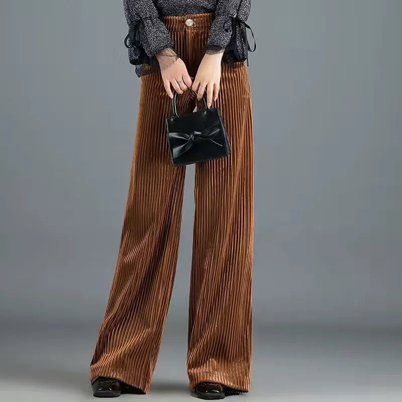 Women's High-Waisted Wide-Leg Corduroy Trousers with Velvet Texture