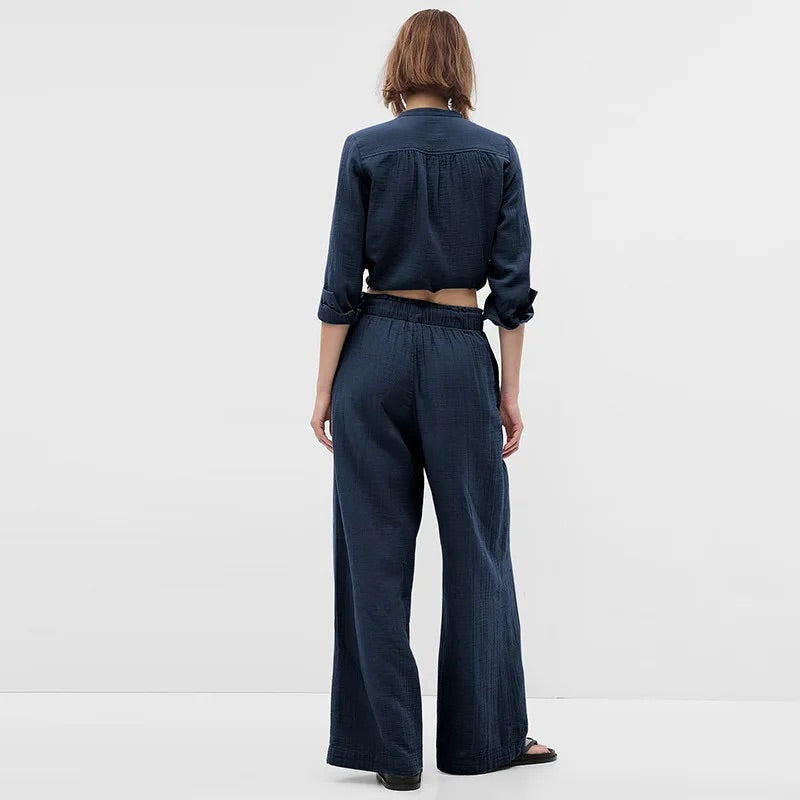 Women's Long Sleeve Shirt and Wide-Leg Pants Lounge Set