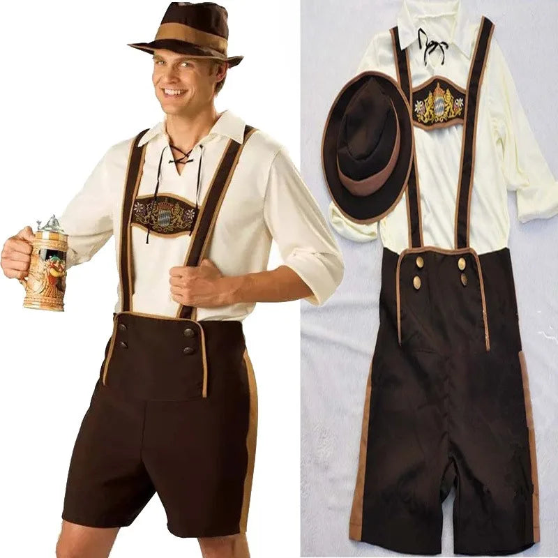 Authentic Men's Oktoberfest Costume with Shirt, Suspenders, and Traditional Bavarian Hat – The Perfect Outfit for Your Celebration Appearance