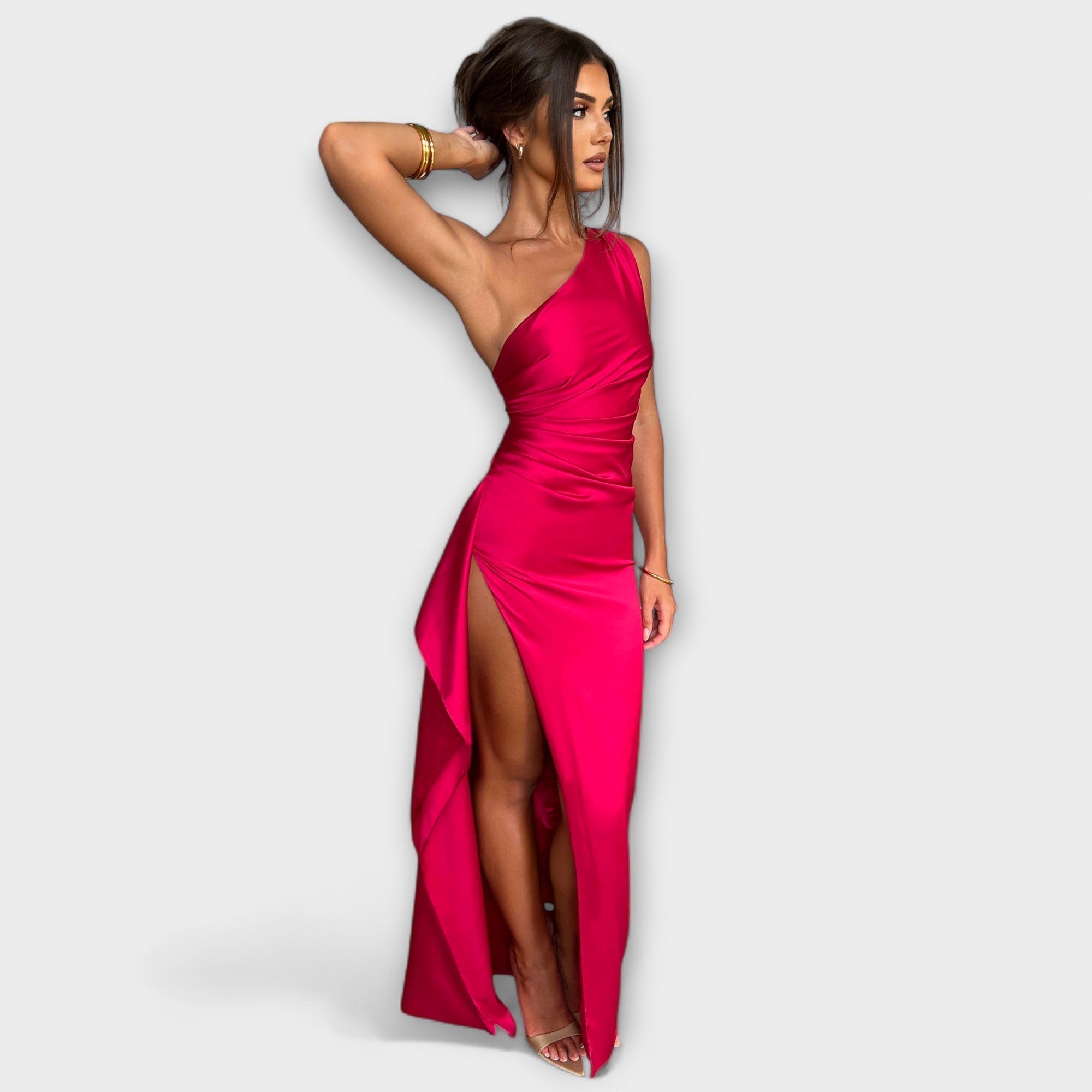 Women One-Shoulder Satin Maxi Dress with Asymmetrical Neckline