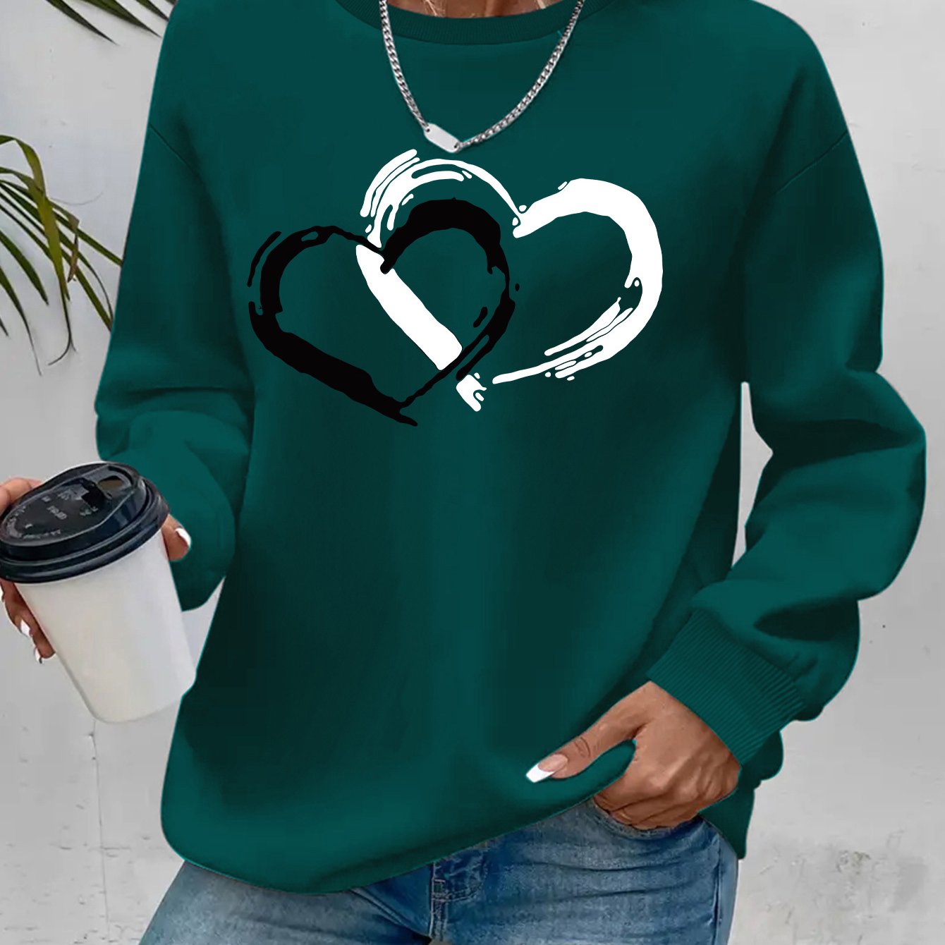 Women Sweater with Heart Motif and Relaxed Fit