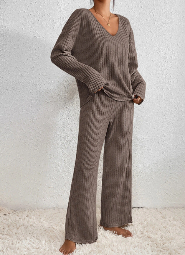 Women's Ribbed V-Neck Sweater and Pants Lounge Set