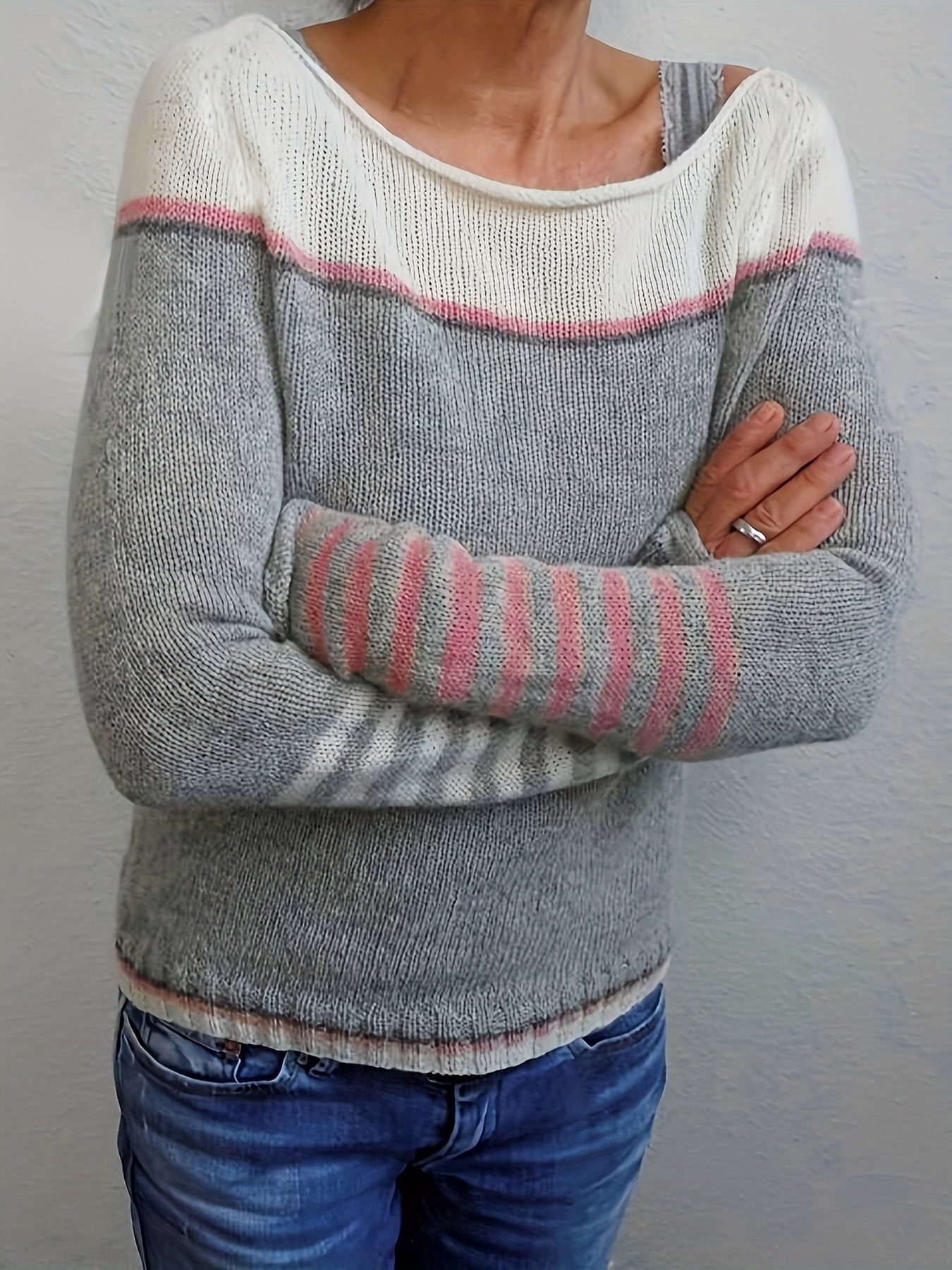 Women Striped Long-Sleeve Relaxed-Fit Sweater