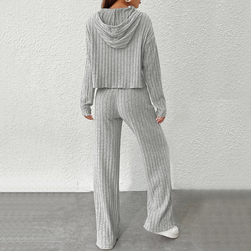 Women Autumn Hooded Two-Piece Suit with Long-Sleeve Top and Full-Length Trousers