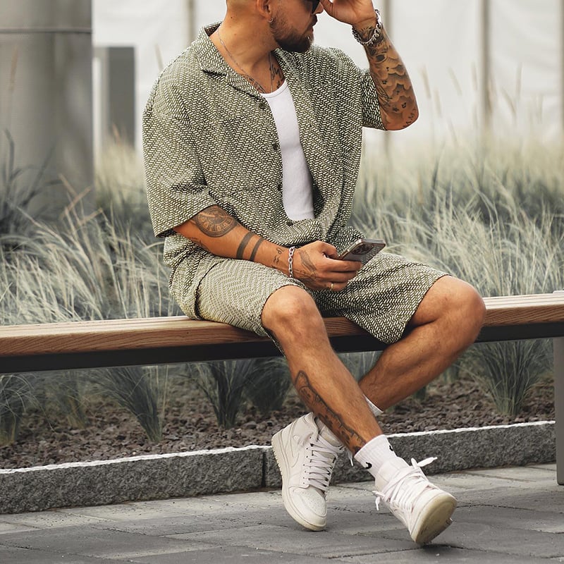 Men's Summer Short Sleeve Shirt And Shorts Set Gray Green