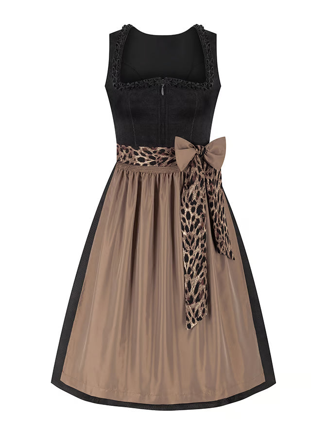 Elegant women's dress with leopard print, bow detail, and delicate lace for a stylish appearance