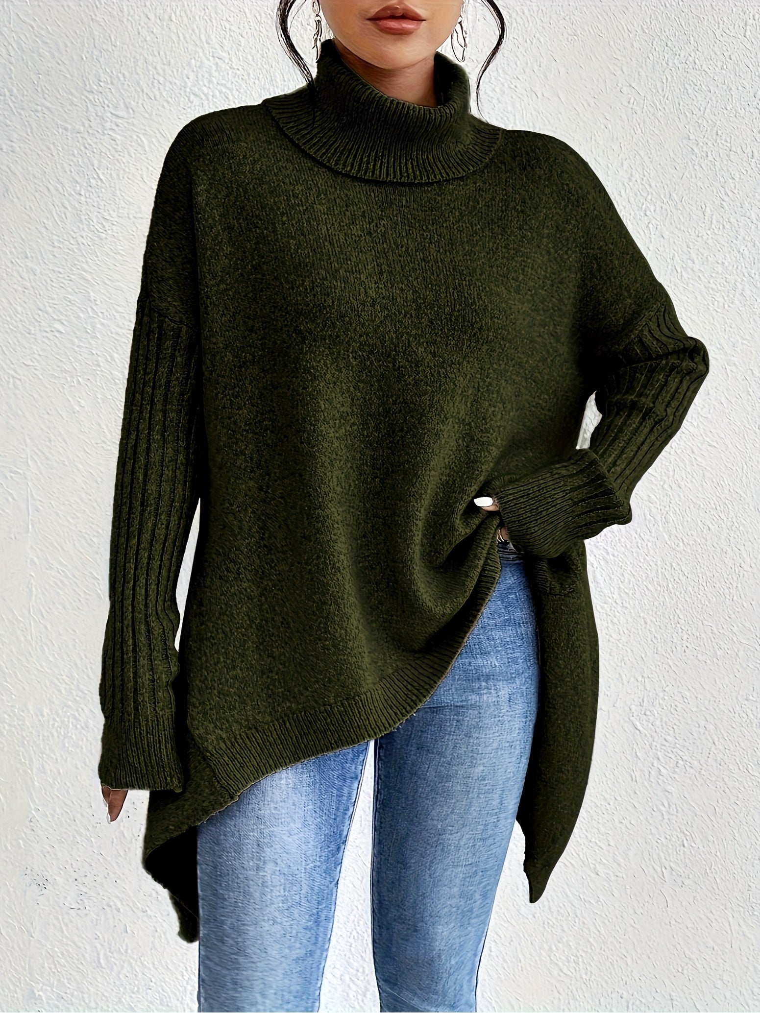 Women High Neck Sweater Asymmetrical Hem Long Sleeve
