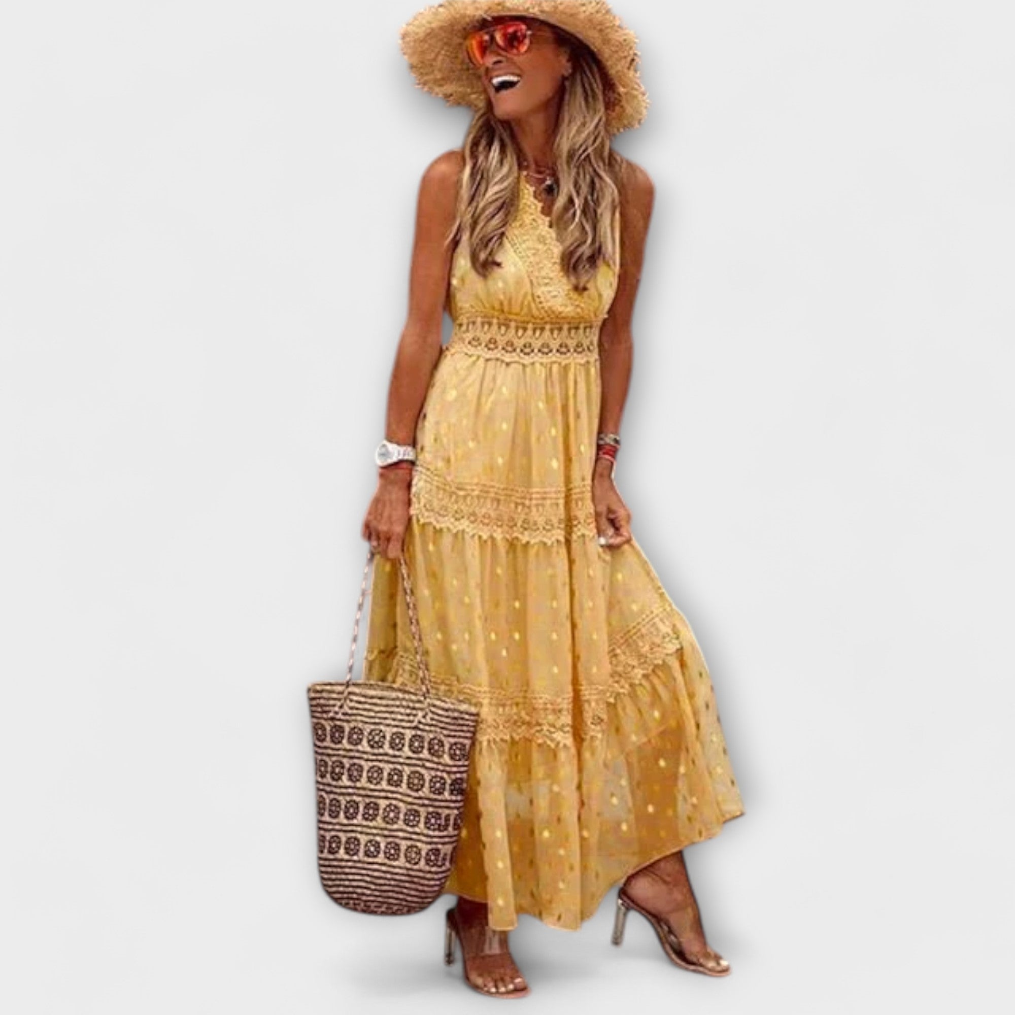 Women Summer Maxi Dress with Flowing Silhouette and Boho Lace Detailing