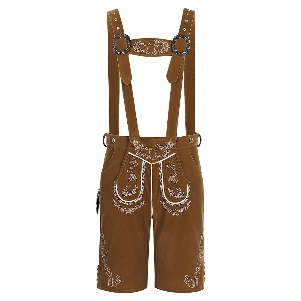 Elegant men's Oktoberfest leather trousers with intricate embroidery, comfortable suspenders, and practical side pockets for the perfect festival appearance