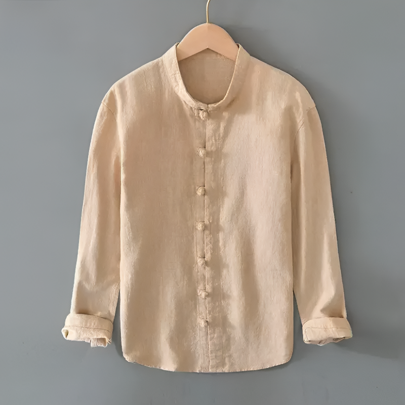 Men’s Slim Fit Shirt with Fabric-Covered Buttons and Garment-Wash Finish