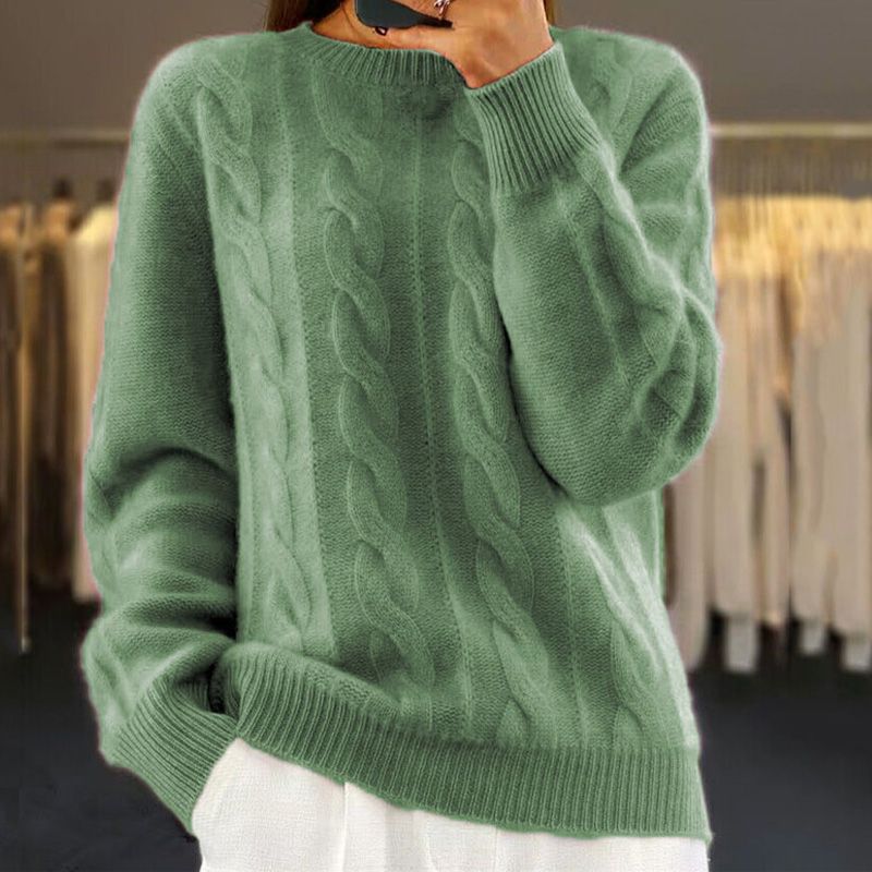Women Winter Cable Knit Sweater with Ribbed Edges and Crew Neck