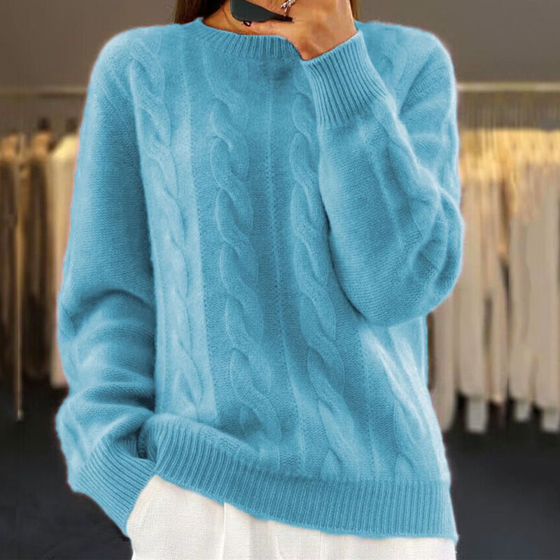 Women Winter Cable Knit Sweater with Ribbed Edges and Crew Neck