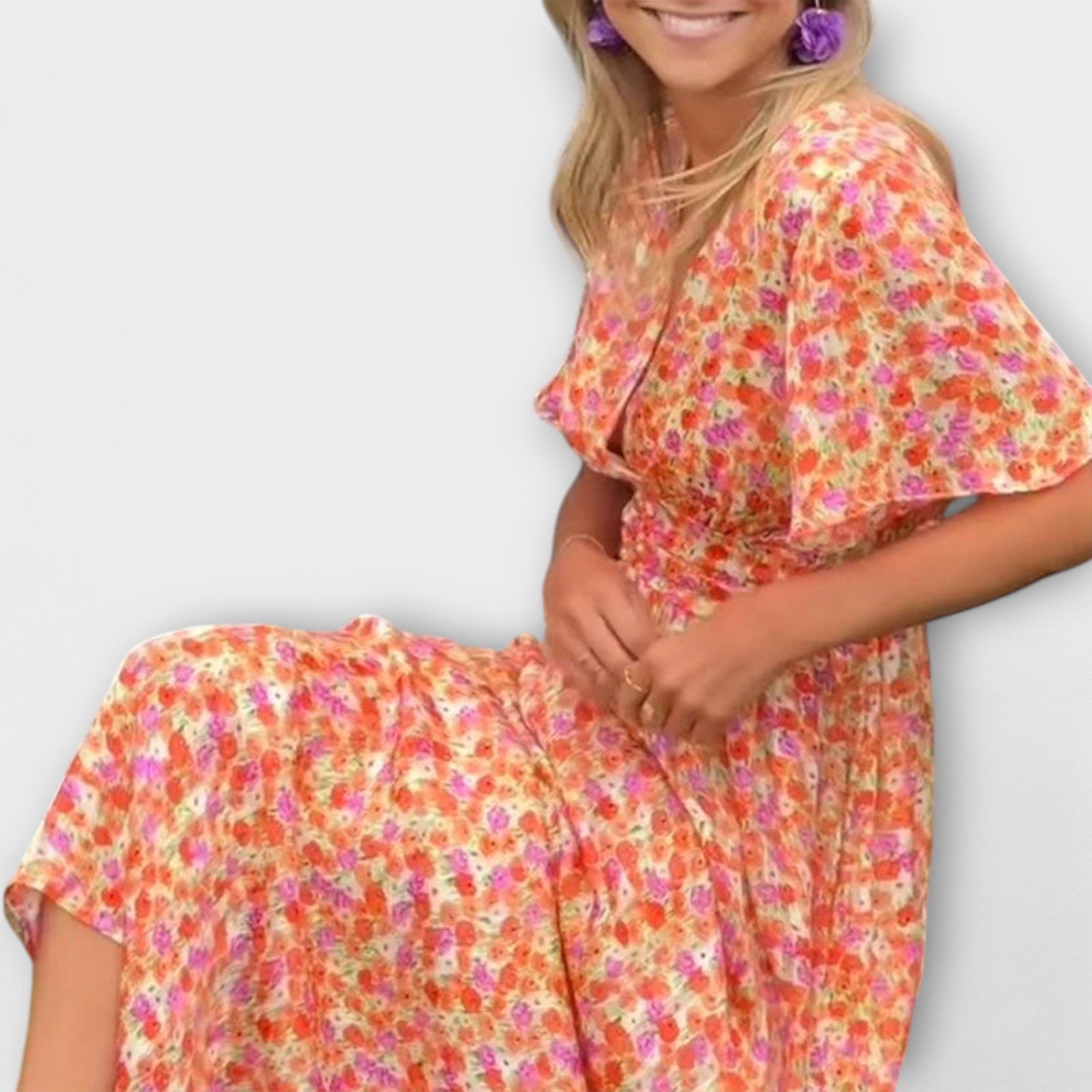 Women V-Neck Short Sleeve Floral Print Dress