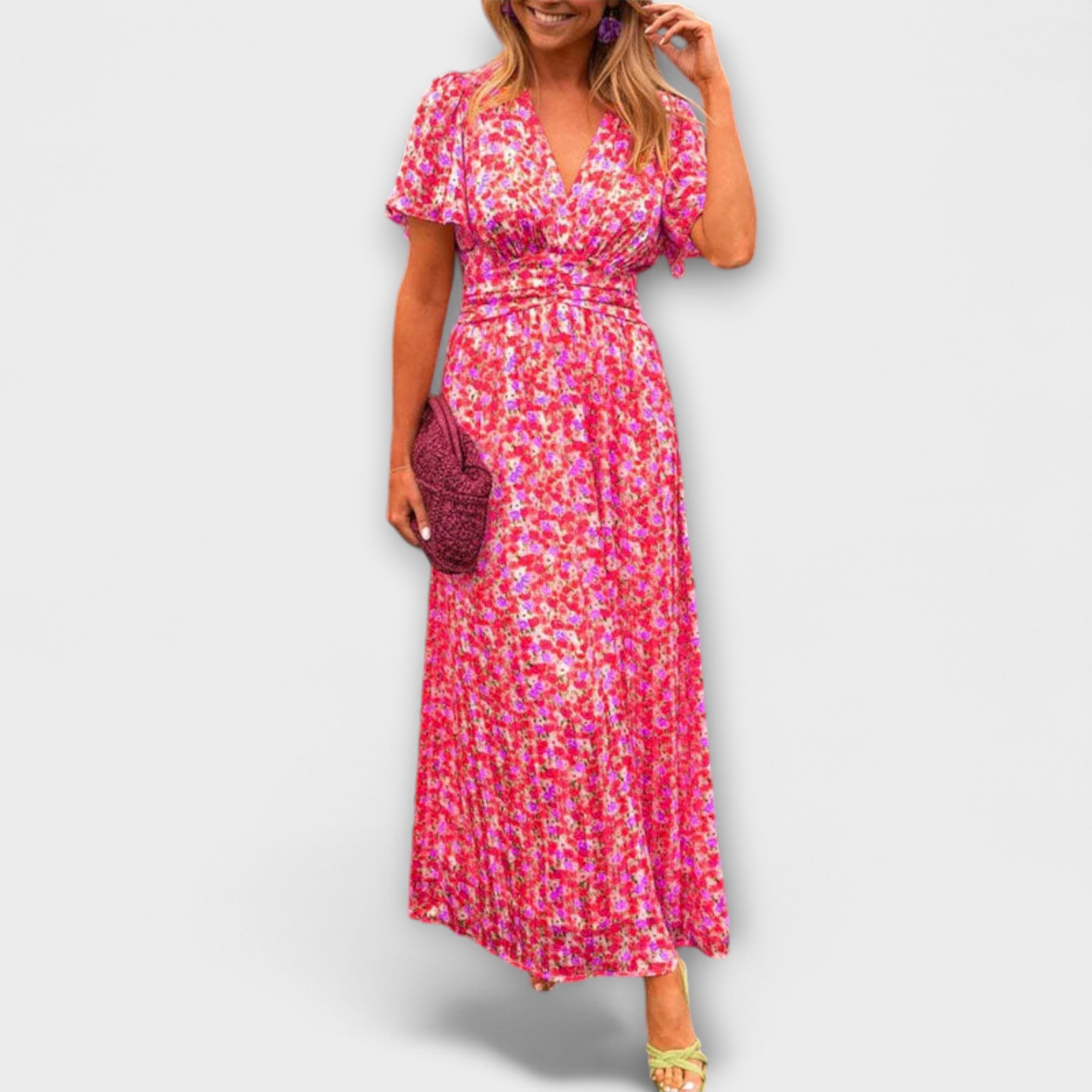 Women V-Neck Short Sleeve Floral Print Dress