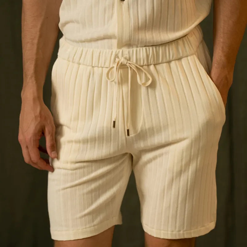 Men's Spring Two-Piece Set Short Sleeve Shirt and Shorts Light Yellow