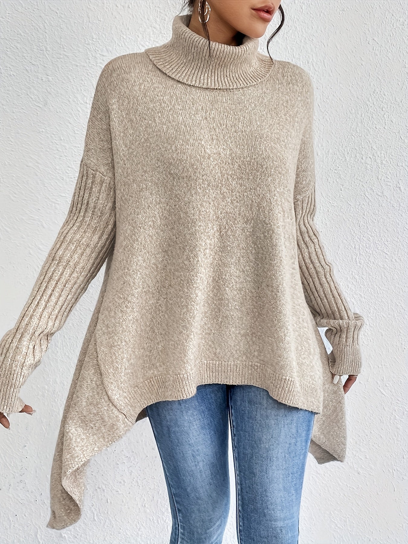 Women High Neck Sweater Asymmetrical Hem Long Sleeve