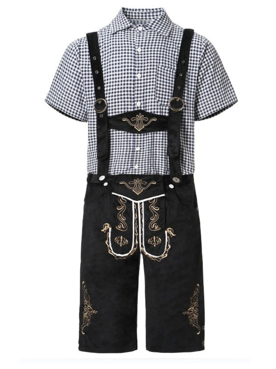 Elegant men's leather pants set with intricately embroidered trousers, stylish braces, and a classic plaid shirt – the perfect outfit for festive occasions